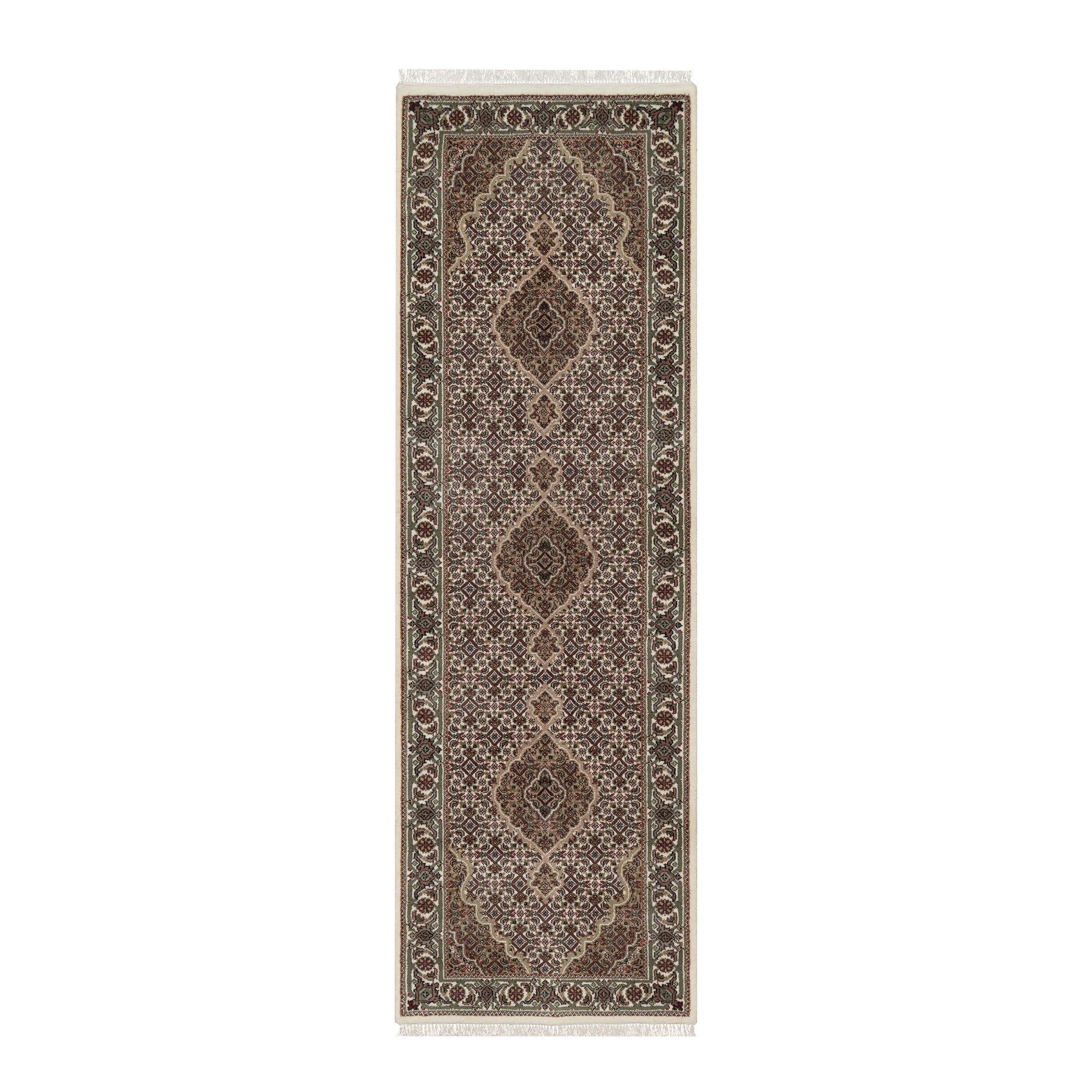 Pearl White, Tabriz Mahi with Fish Medallions Design, 100% Wool, Hand Knotted, 175 KPSI, Runner, Oriental Rug